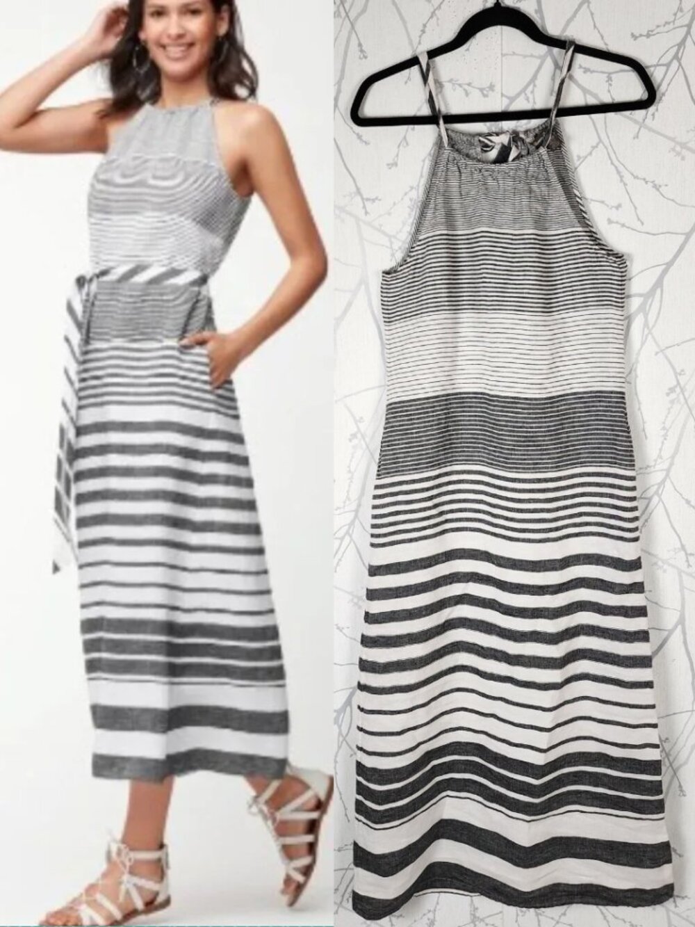 Tommy Bahama Gray Stripe 100% Linen Strappy Halter Maxi Dress